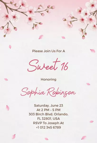 Blossoming Pink Floral Sweet 16 Birthday Invitation Template