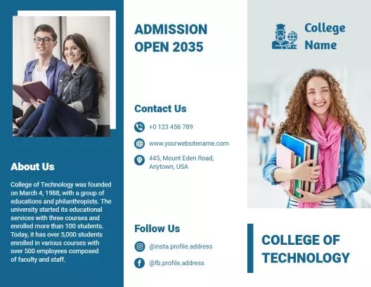 Blue Academic College Admission Information Tri Fold Brochure Template