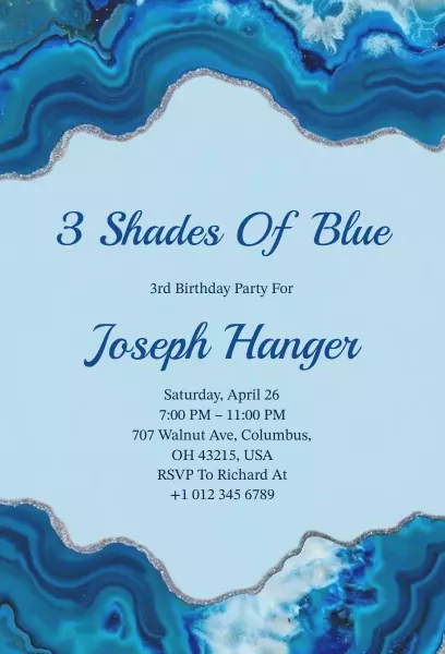 Blue Agate Themed 3rd Birthday Celebration Invitation Template