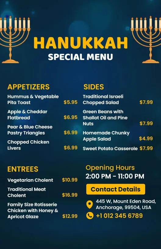 Blue and Gold Hanukkah Special Festive Menu Template