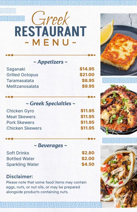 Blue and White Greek Style for Seafood Restaurant Menu Template