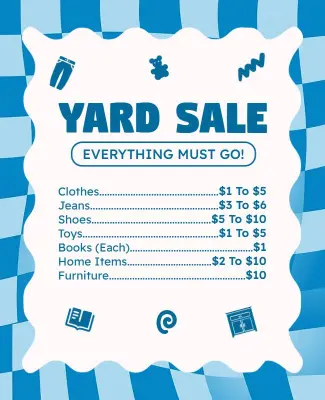 Blue and White Wave Style Yard Sale Price List Poster Template