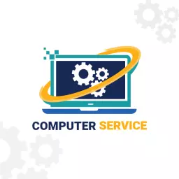 Blue and Yellow Laptop with Gears for Computer Service Logo Template