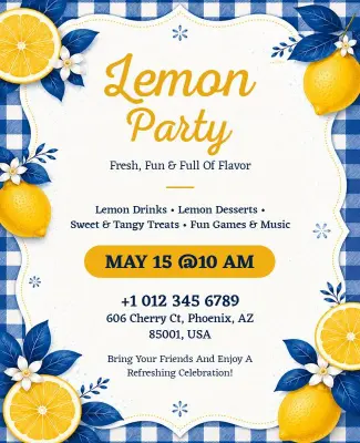 Blue and Yellow Lemon Party Gathering Poster Template