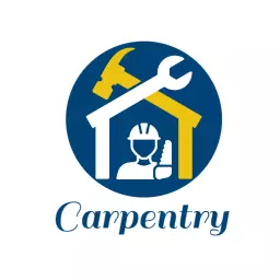 Blue and Yellow Tools Inside House Representing Carpentry Logo Template