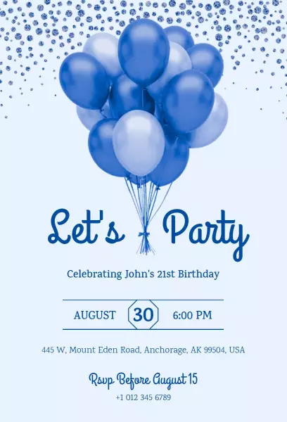 Blue Balloon Themed 21st Birthday Celebration Invitation Template