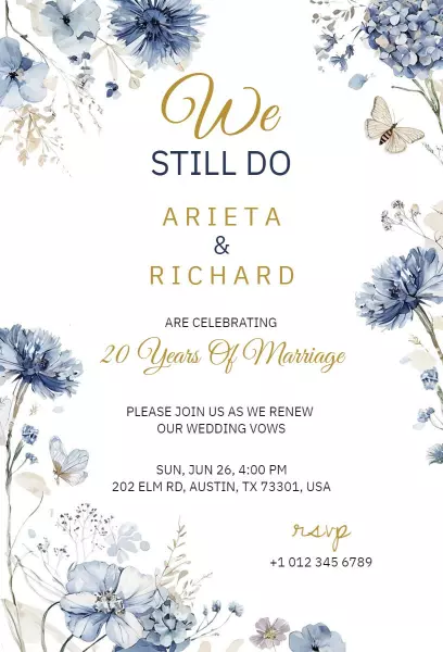 Blue Floral Vow Renewal Celebration Wedding Invitation Template