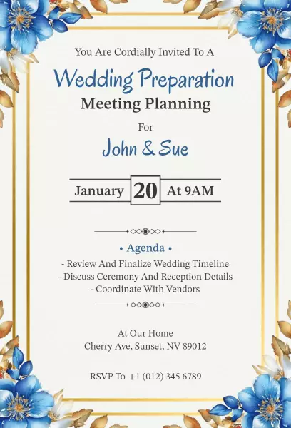 Blue Floral Wedding Preparation Planning Meeting Invitation Template