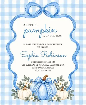 Blue Gingham Pumpkin Baby Shower Invitation Flyer Template
