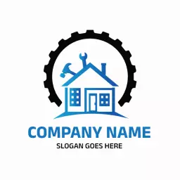Blue House Design with Tools Symbolizing Construction Logo Template