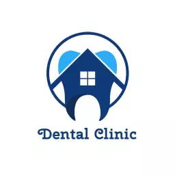 Blue House-Shaped Tooth Design Representing Dental Clinic Logo Template