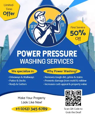 Blue Iconic Power Pressure Washing Services Flyer Template