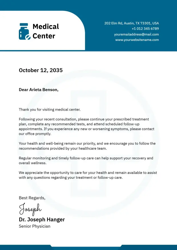Blue Medical Center Professional Care Letterhead Template
