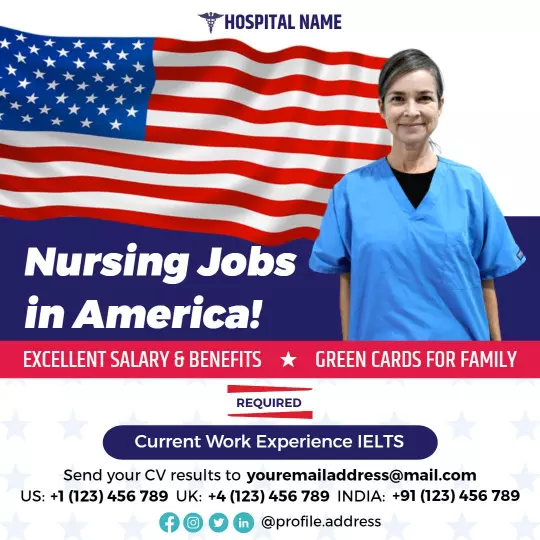 Blue Nursing Jobs in America with Salary Benefits Ad Template