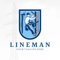 Blue Shield Featuring an Electrician Working on Power Lines Logo Template