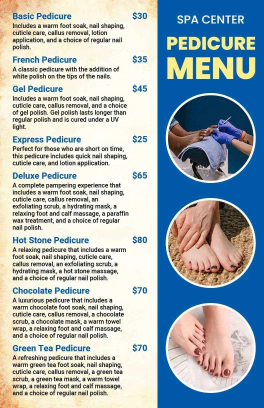 Blue Theme Spa Pedicure Treatments Menu Template