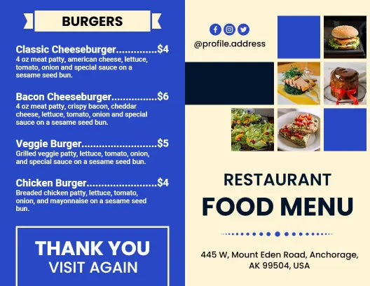 Blue Themed Restaurant Bi-Fold Menu Template
