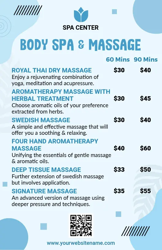 Body Spa and Swedish Massage Offerings Menu Template