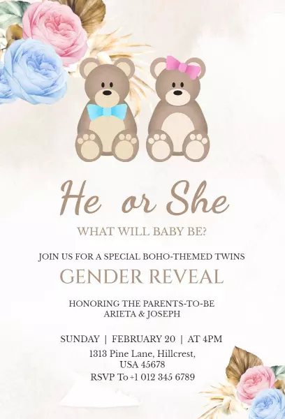 Boho Teddy Bear Twins Gender Reveal Celebration Invitation Template