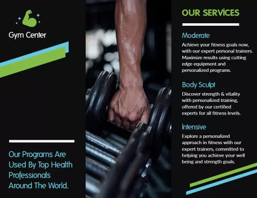 Bold Black and Green Gym Center Fitness Services Brochure Template