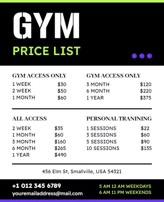 Bold Black and Green Gym Price List Poster Template
