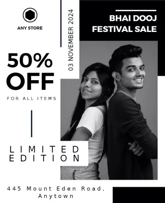 Bold Black and White Bhai Dooj Festival Sale Poster Template