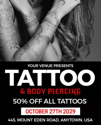 Bold Black and White Tattoo and Body Piercing Discount Poster Template