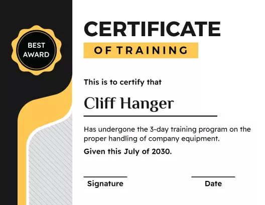 Bold Black and Yellow Training Completion Certificate Template