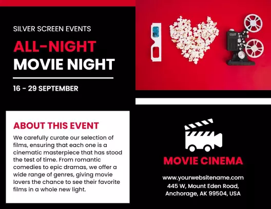Bold Black Movie Night Events Cinema Brochure Template