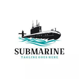 Bold Black Submarine Navigating Vibrant Ocean Waves Logo Template