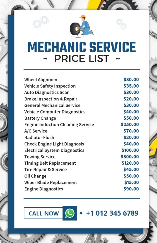 Bold Blue and White Auto Mechanic Service Price List Template