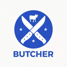 Bold Blue and White Butcher Logo Featuring Crossed Knives Template