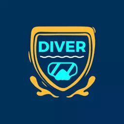 Bold Blue and Yellow Diver Logo with Ocean Waves Design Logo Template