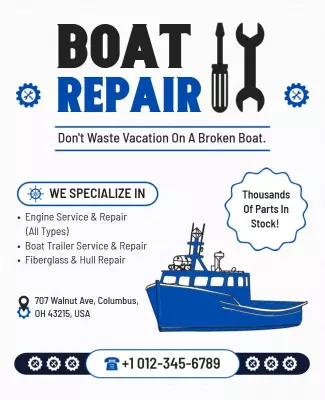 Bold Blue Boat Repair Service and Maintenance Poster Template