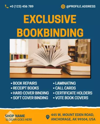Bold Blue Bookbinding Services Promotion Poster Template