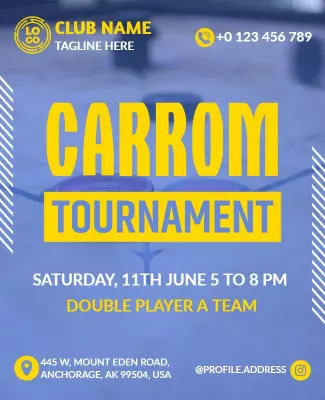 Bold Blue Carrom Tournament Competition Event Poster Template