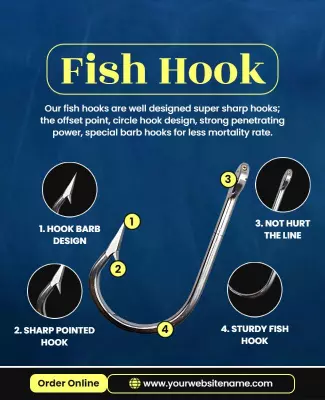 Bold Blue Fishing Gear Promotional Fish Hook Poster Template