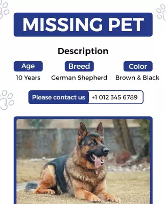 Bold Blue Missing Pet Announcement for German Shepherd Poster Template