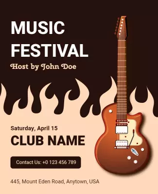 Bold Brown Music Festival with Guitar and Flames Poster Template