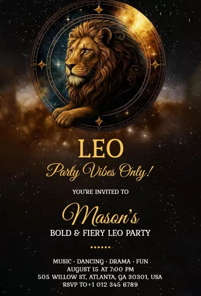 Bold Fiery Leo Zodiac Sign Birthday Party Invitation Template