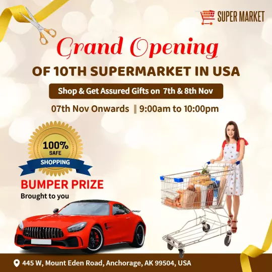 Bold Grand Opening of 10th USA Supermarket with Bumper Prize Ad Template