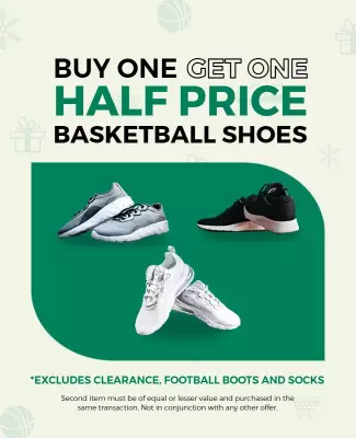 Bold Green Buy One Get One Half Price Basketball Shoes Poster Template