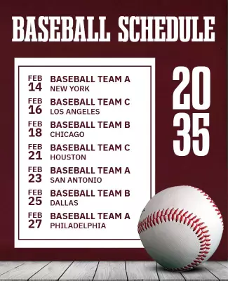 Bold Maroon Baseball Schedule with Team Listings Poster Template