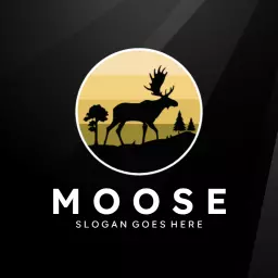 Bold Moose Silhouette Over Scenic Nature Background Logo Template