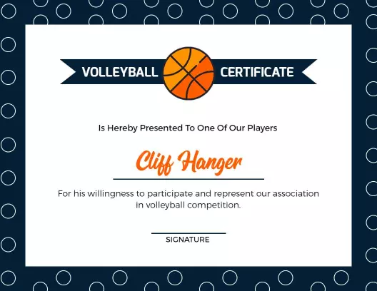 Bold Navy Blue Volleyball Participation Award Certificate Template
