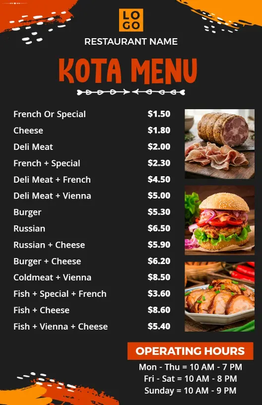 Bold Orange and Black Rustic Kota Food Selection Menu Template