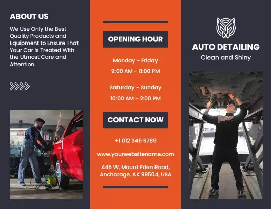 Bold Orange Auto Detailing Services Clean and Shine Brochure Template