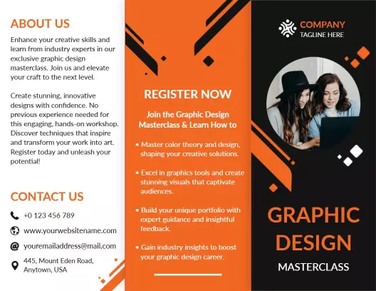 Bold Orange Graphic Design Masterclass Workshop Brochure Template