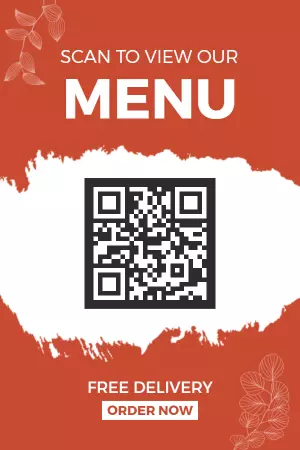 Bold Orange QR Code Food Menu with Leaves Poster Template