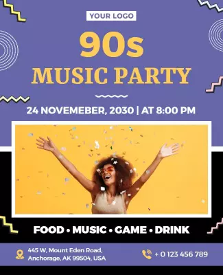 Bold Purple 90s Music Party Celebration Poster Template